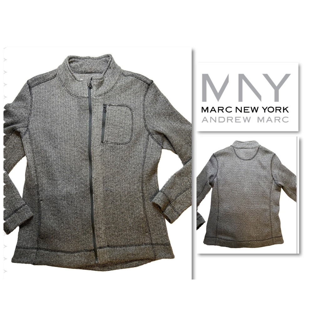 Marc New York Women's - Medium - Jacket Full Zip Fleece Pockets Gray Herringbone